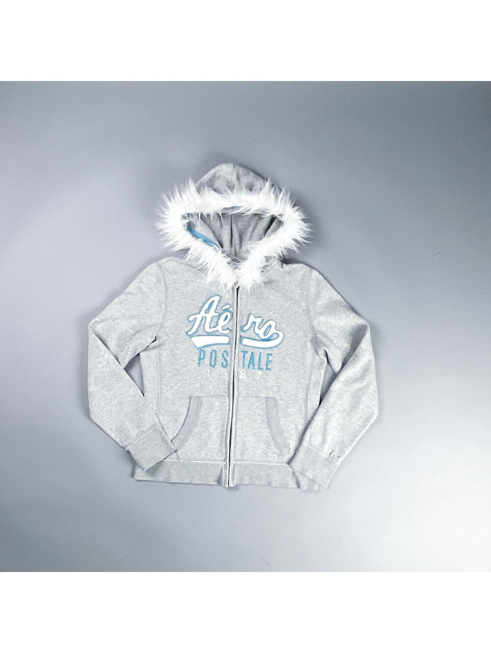 Reworked Zip Up Hoodie with White Faux Fur Trim and Metal Grommets